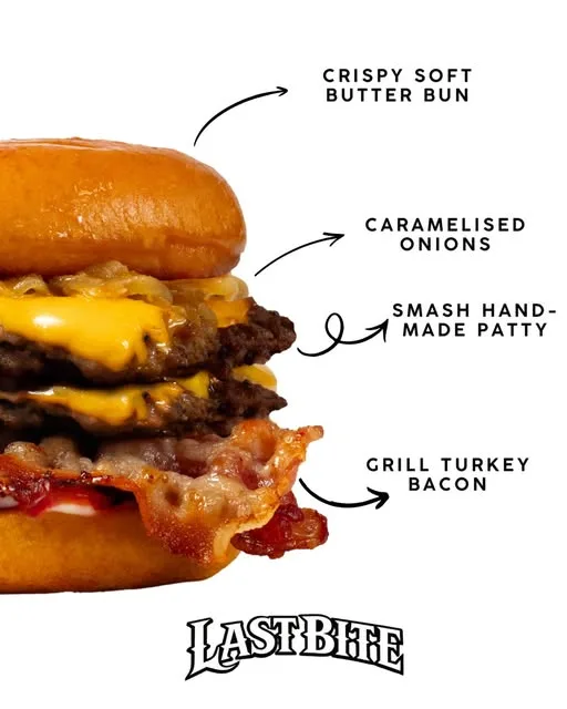 Western Double Smash anatomy: crispy soft butter bun, caramelised onions, smash hand-made patties and grill turkey bacon